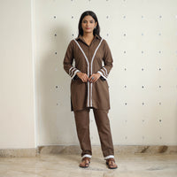 Brown - Flex Cotton Plain Co-Ord Set With Lace Work 03