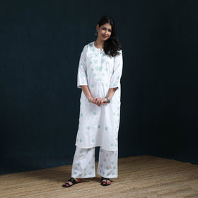 White - Hand Embroidered Mul Cotton Chikankari Kurta with Palazzo Set for Women 36