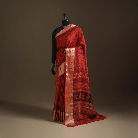 Chanderi Silk Natural Dyed Ajrakh Print Saree with Zari Border 17