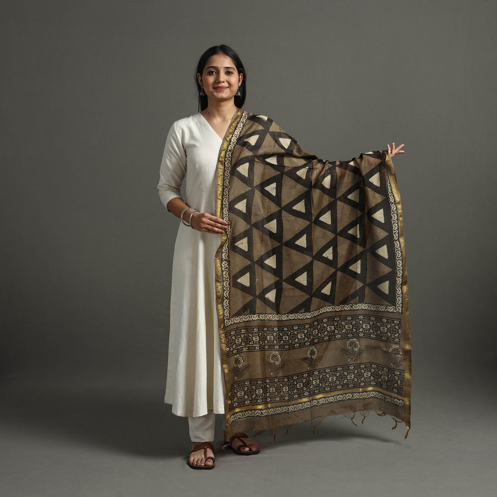 Brown - Block Printed Chanderi Silk Bagru Dupatta 93