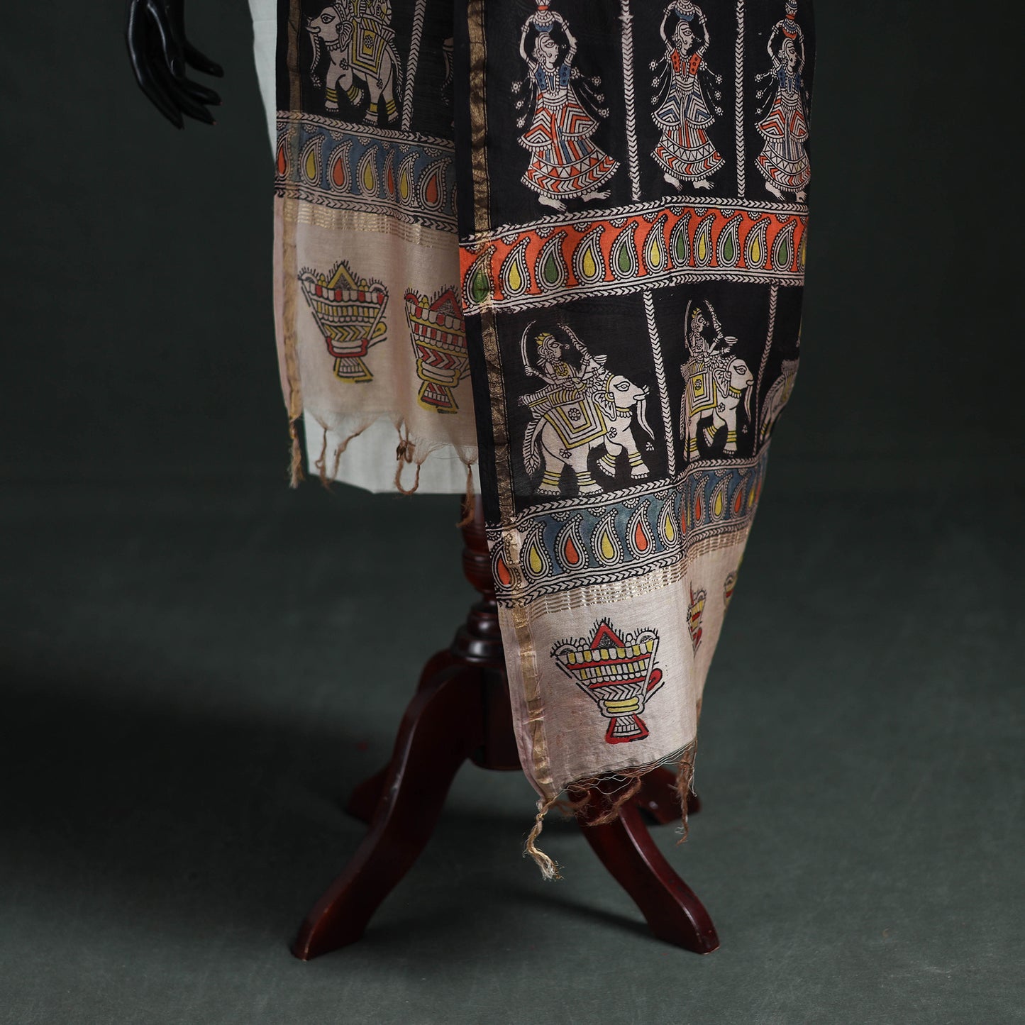 Multicolor - Mata Ni Pachedi Handpainted Natural Dyed Chanderi Silk Handloom Dupatta 20