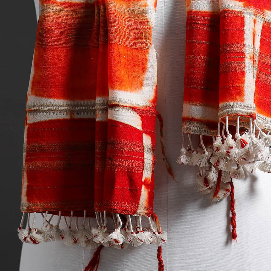 Red - Kutch Handwoven Clamp Dyed Shibori Silk x Woolen Stole 33