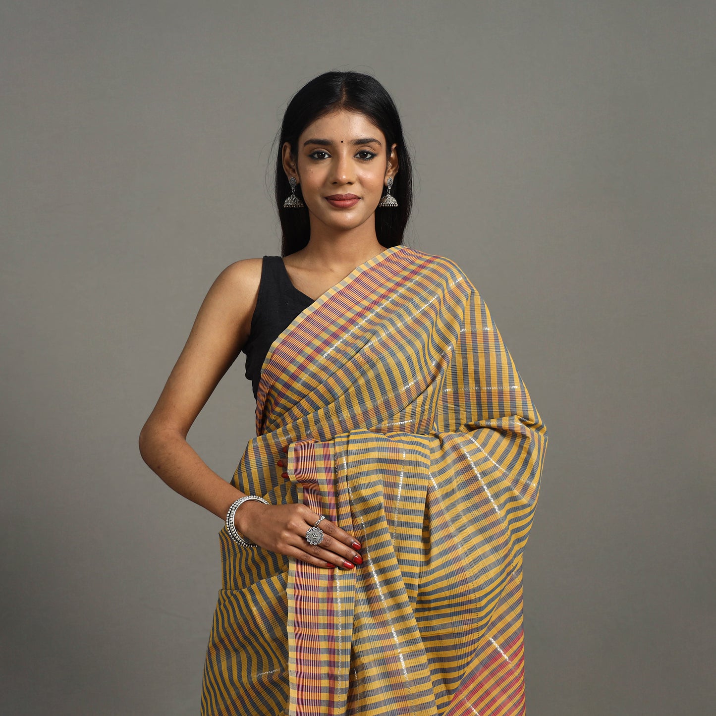 Yellow - Zari Stripes Cotton Handloom Saree 14