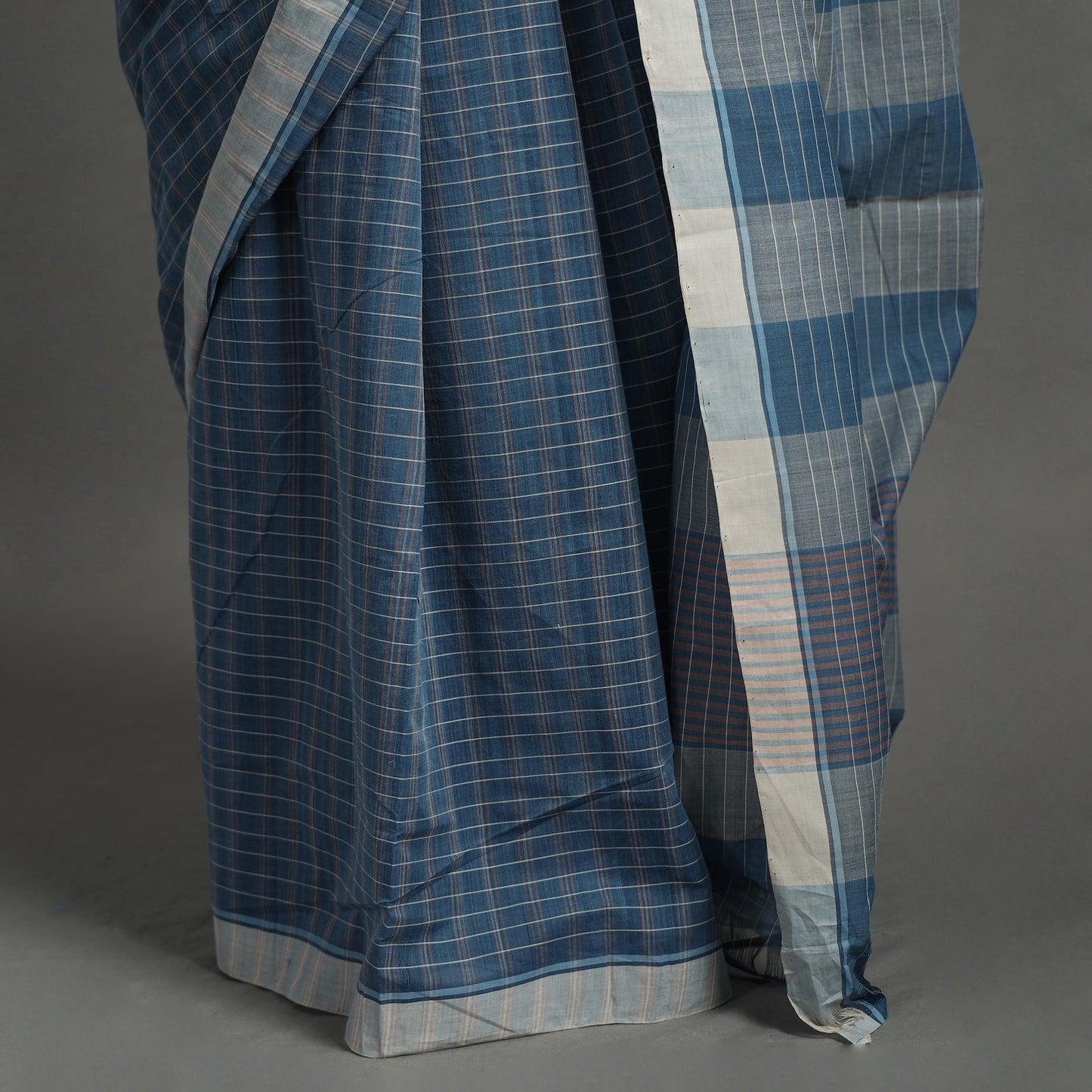 Blue - Pure Handloom Natural Dyed Checks Cotton Saree 17