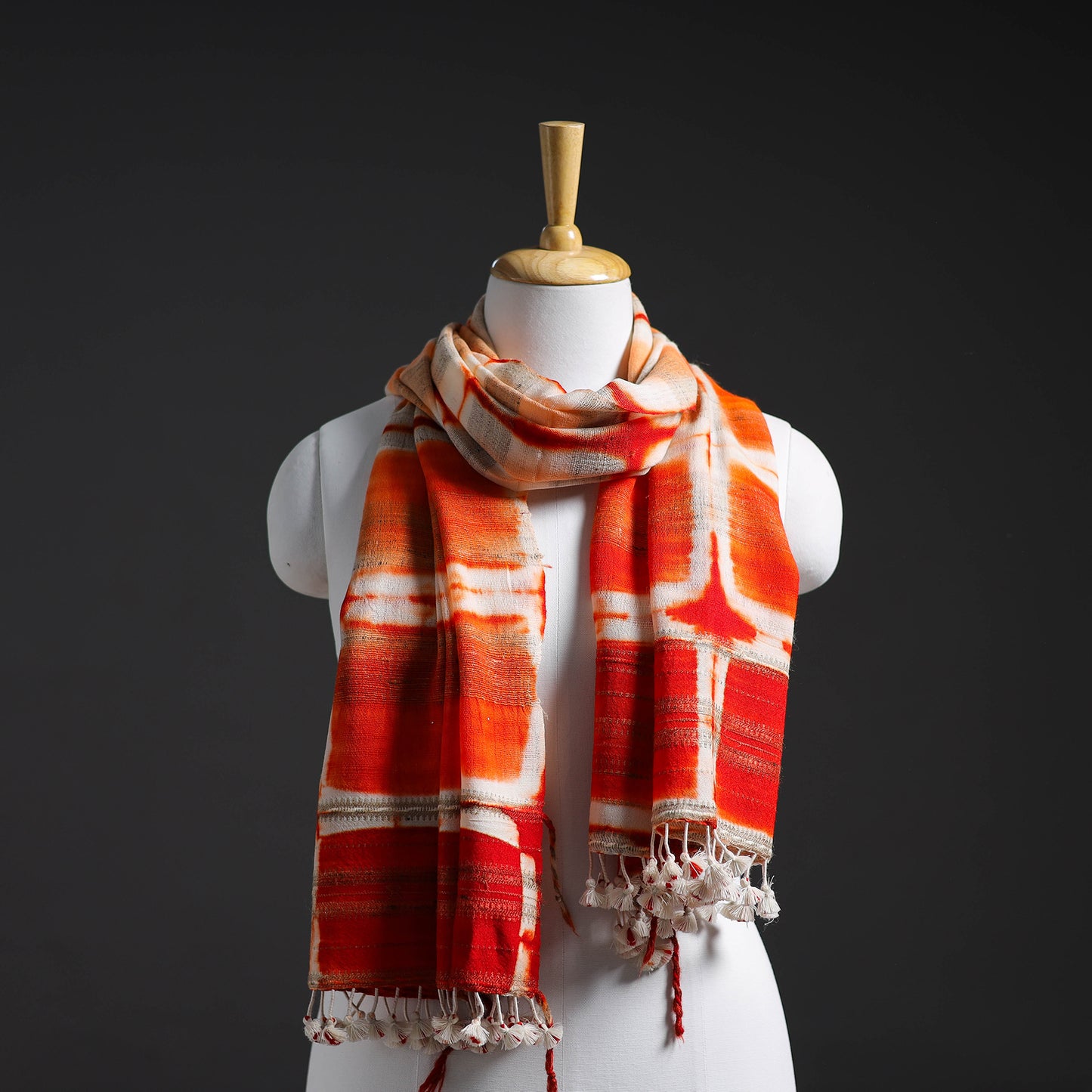 Red - Kutch Handwoven Clamp Dyed Shibori Silk x Woolen Stole 33