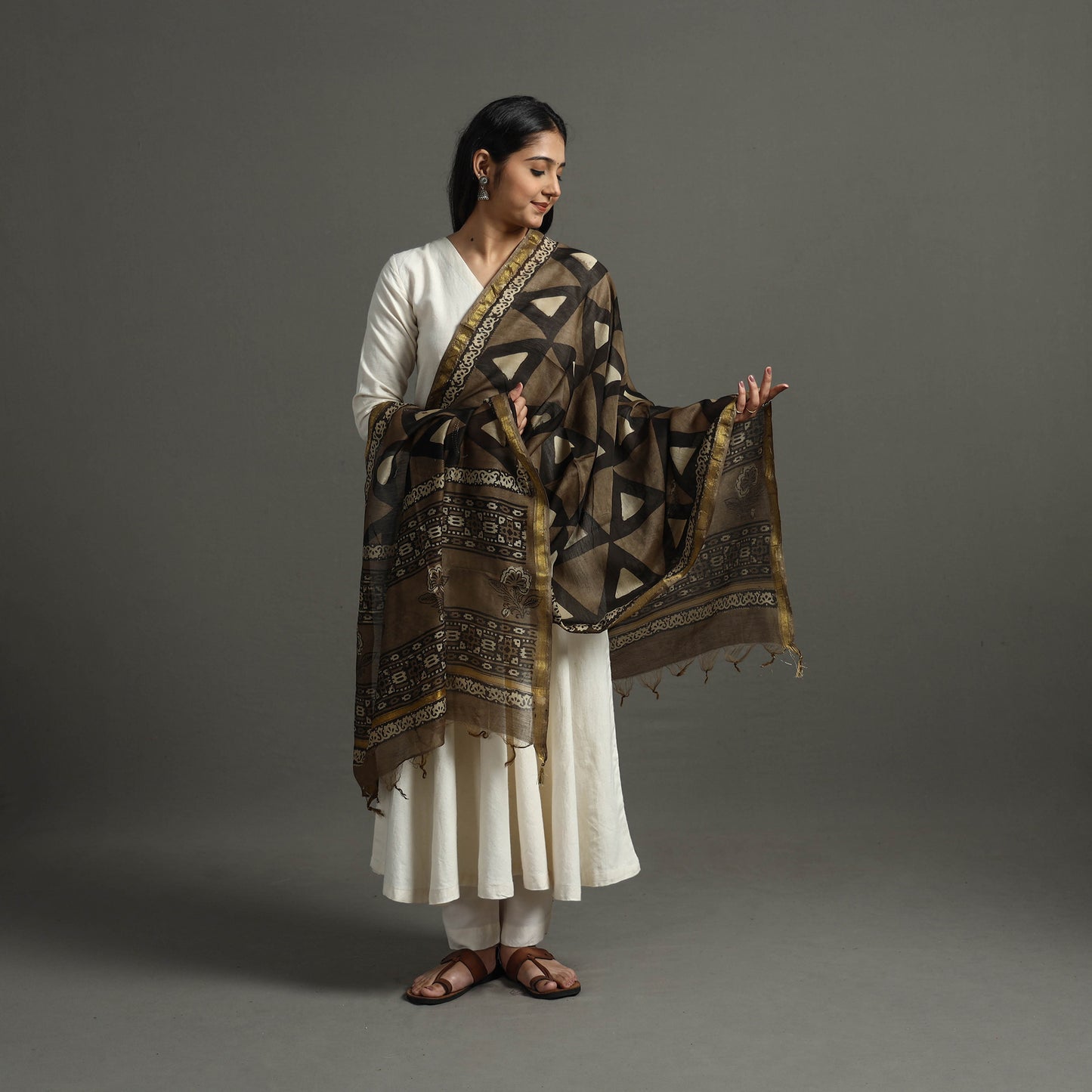 Brown - Block Printed Chanderi Silk Bagru Dupatta 93