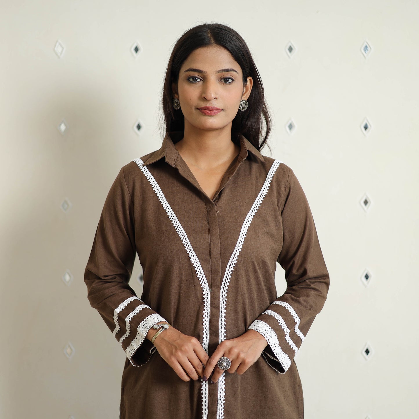 Brown - Flex Cotton Plain Co-Ord Set With Lace Work 03