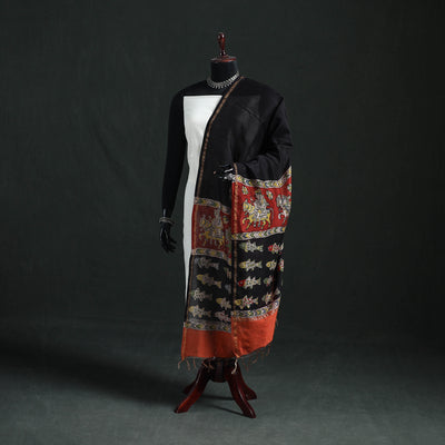 Black - Mata Ni Pachedi Handpainted Natural Dyed Chanderi Silk Handloom Dupatta 21