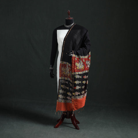 Black - Mata Ni Pachedi Handpainted Natural Dyed Chanderi Silk Handloom Dupatta 21