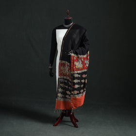Black - Mata Ni Pachedi Handpainted Natural Dyed Chanderi Silk Handloom Dupatta 21