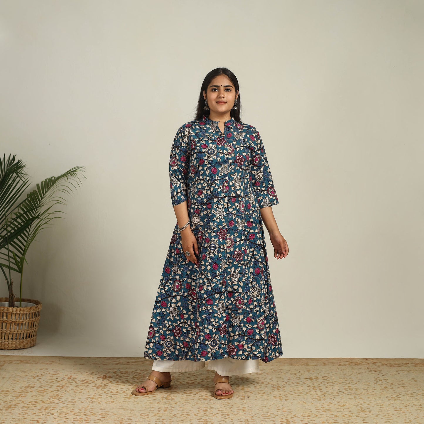 Blue - Printed Cotton A-Line Kalamkari Kurta 11
