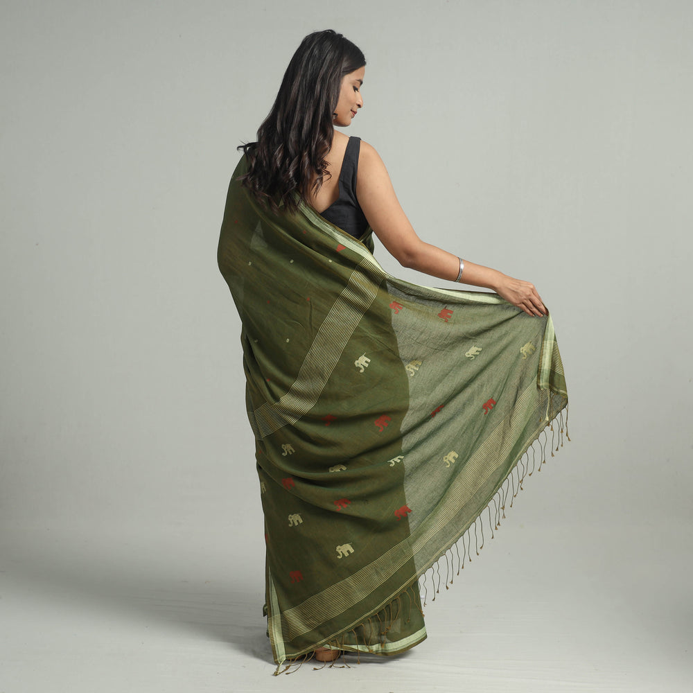 Green - Handloom Cotton Phulia Jamdani Saree with Tassels 20