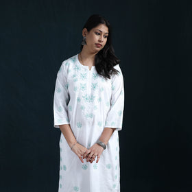 White - Hand Embroidered Mul Cotton Chikankari Kurta with Palazzo Set for Women 36