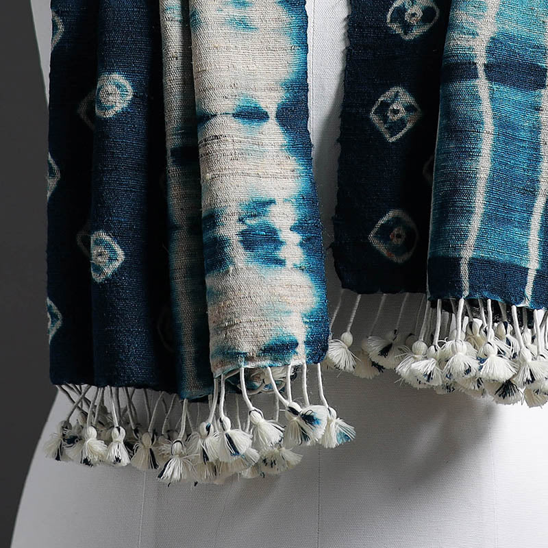 Blue - Kutch Handwoven Clamp Dyed Shibori Silk x Woolen Stole 34