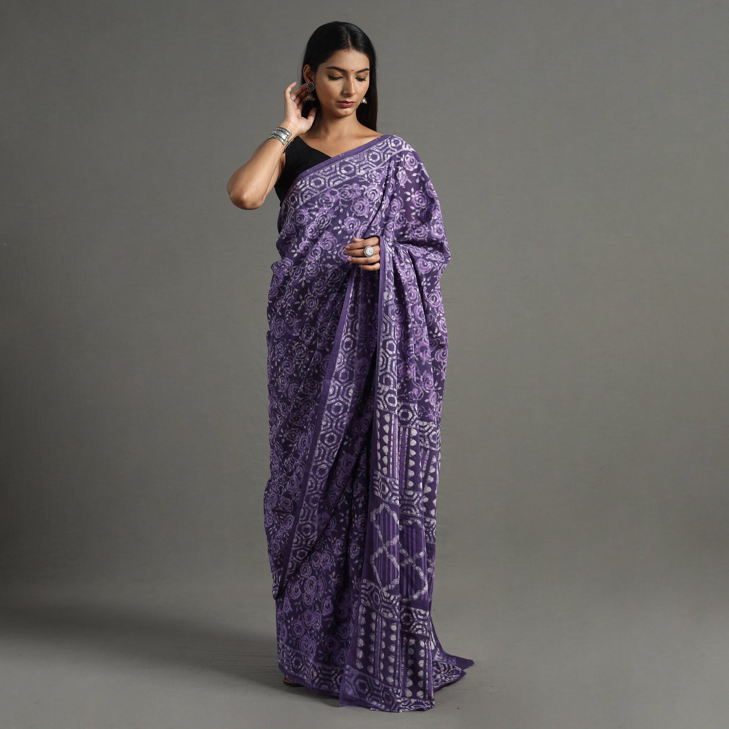 Purple - Bagru Hand Block Printed Mul Cotton Natural Dyed Saree 22