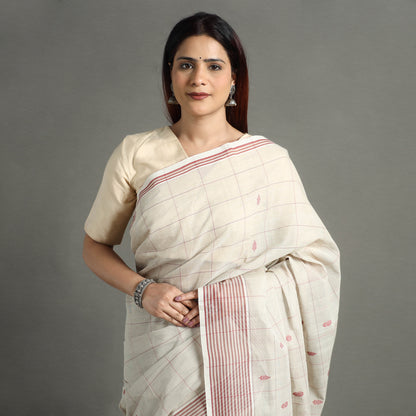 White - Traditional Venkatagiri Handloom Cotton Checks Saree with Thread & Zari Buti 25