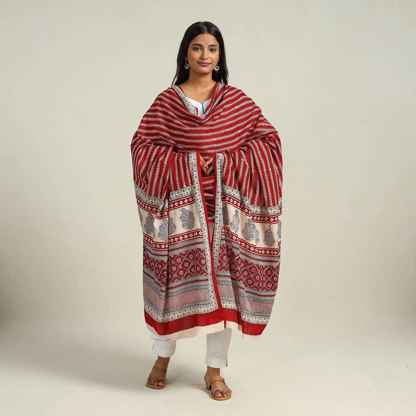 Red - Hand Block Print Cotton Bagh Dupatta 22