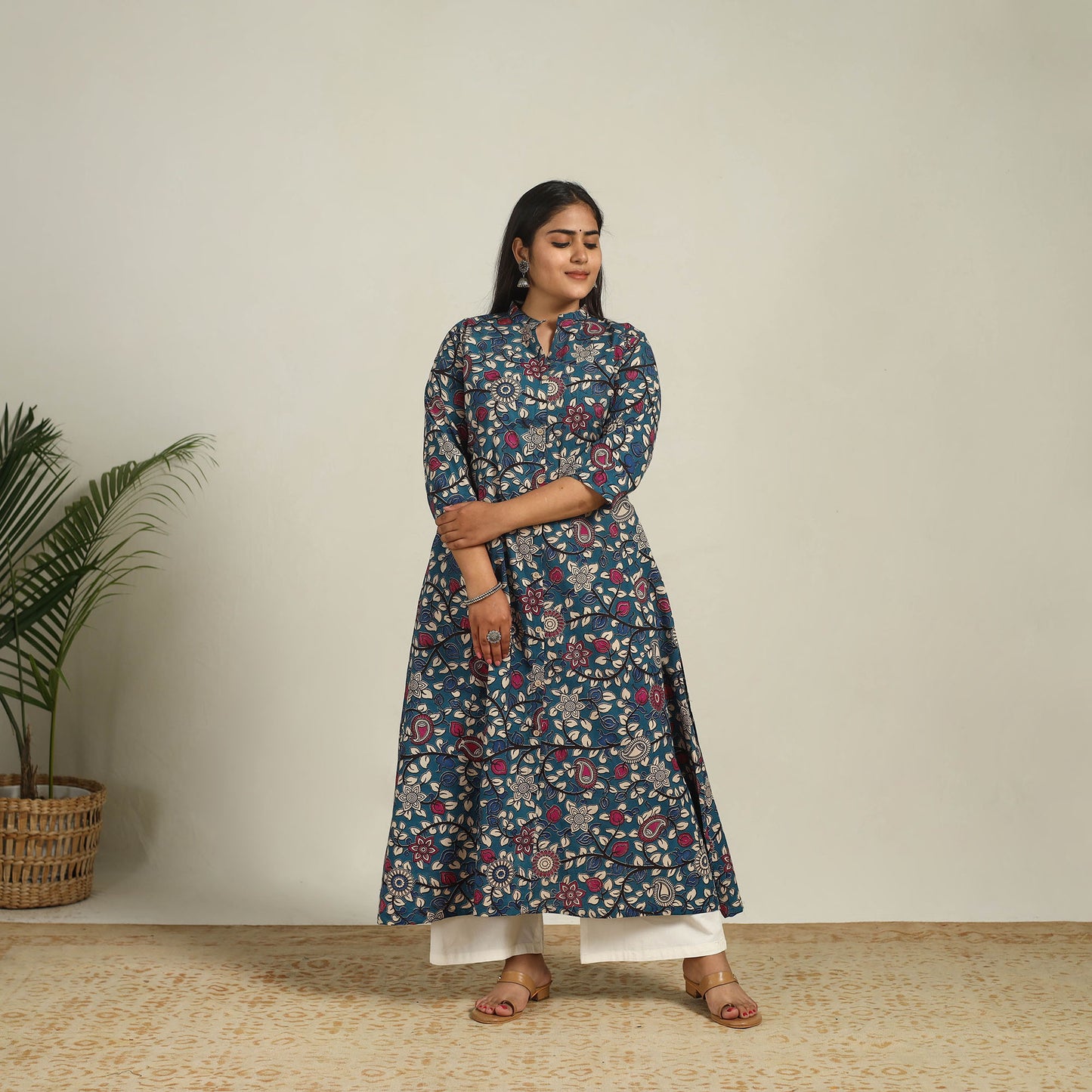 Blue - Printed Cotton A-Line Kalamkari Kurta 11