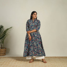 Blue - Printed Cotton A-Line Kalamkari Kurta 11