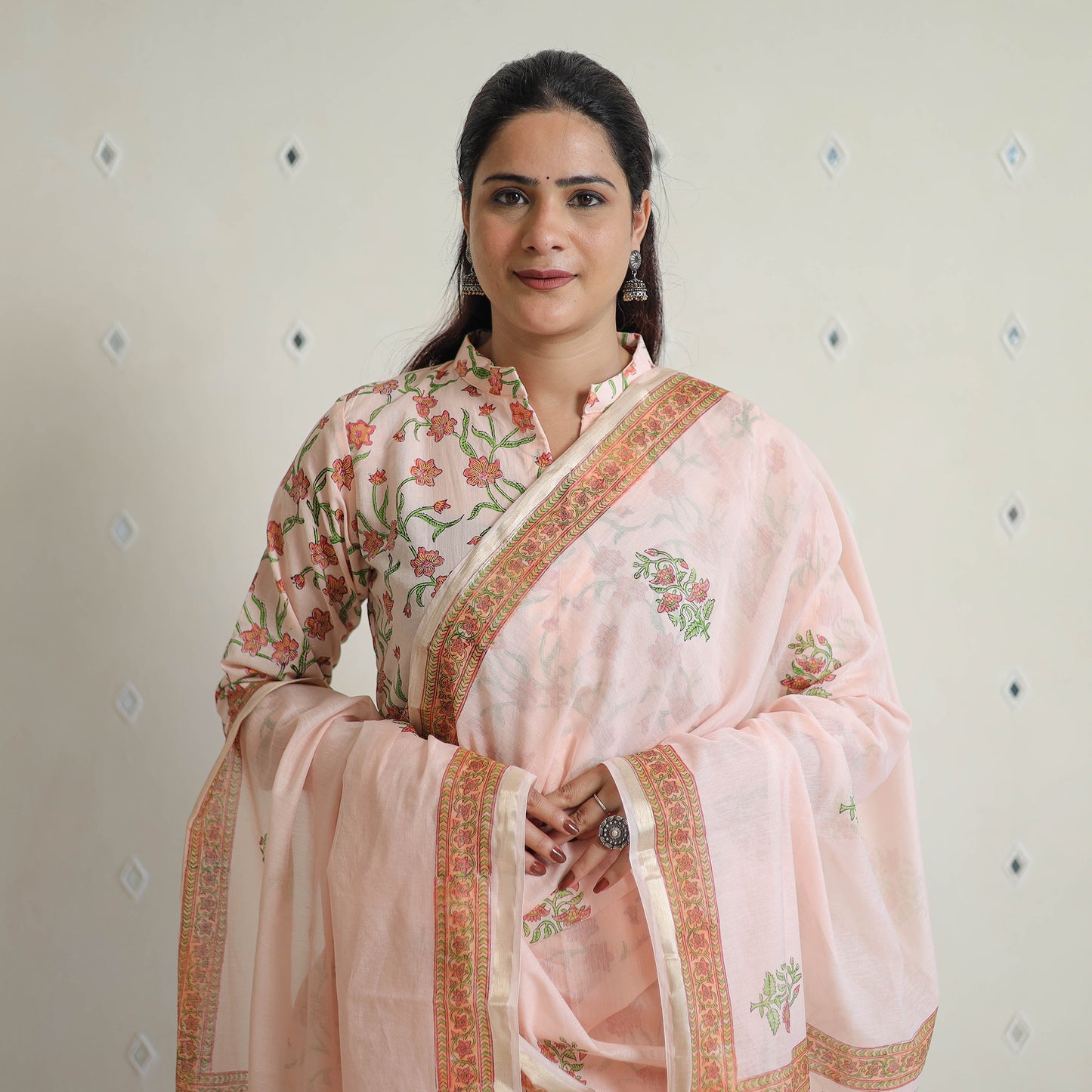 Peach - Sanganeri Block Print Cotton Kurta Suit Set 09