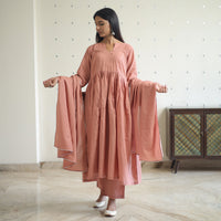 Krisha Peach Cotton Flared Kurta with Palazzo & Dupatta Set