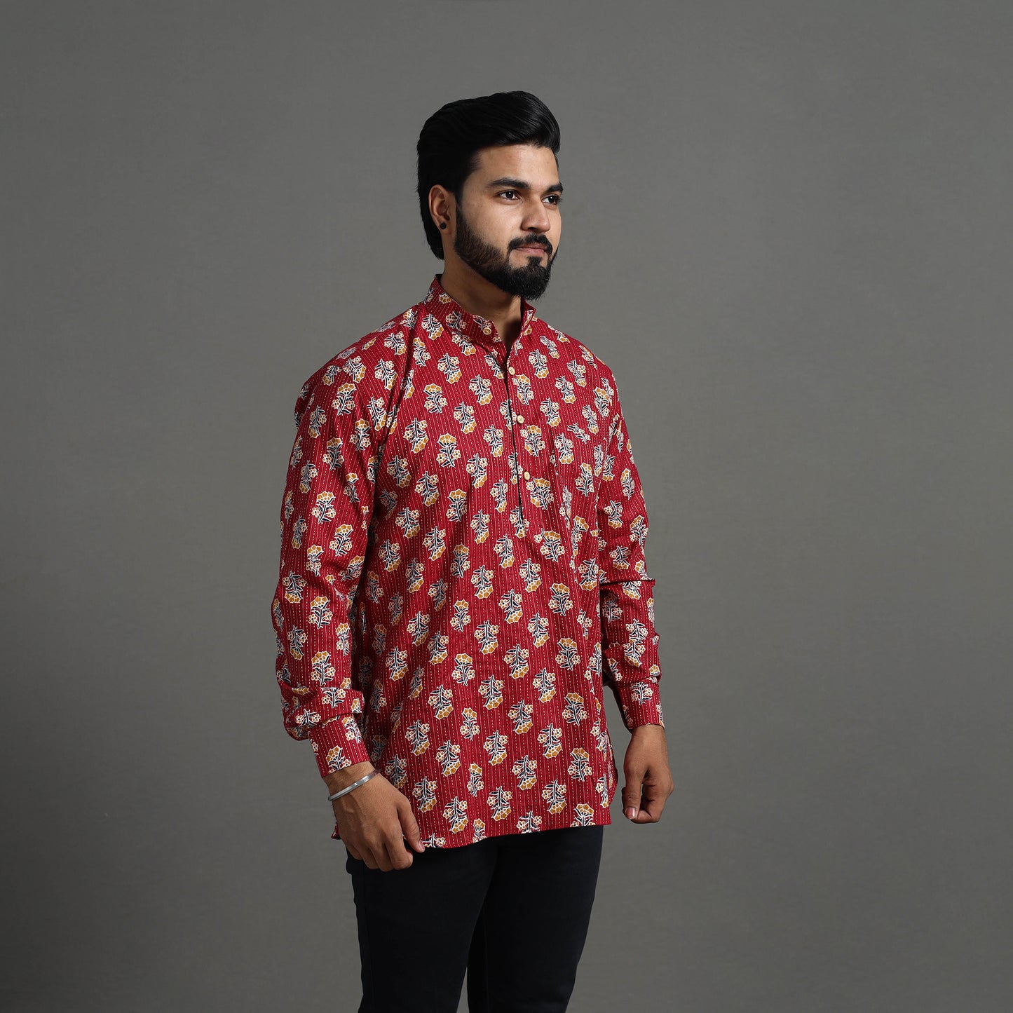 Kantha Stitch Cotton Short Sanganeri Kurta for Men 05