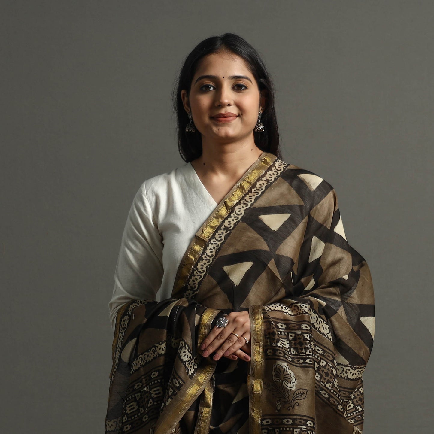 Brown - Block Printed Chanderi Silk Bagru Dupatta 93