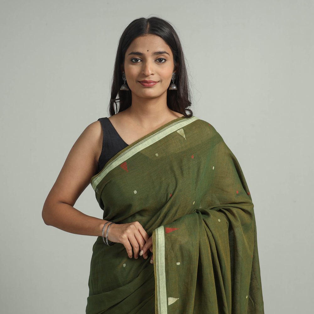 Green - Handloom Cotton Phulia Jamdani Saree with Tassels 20