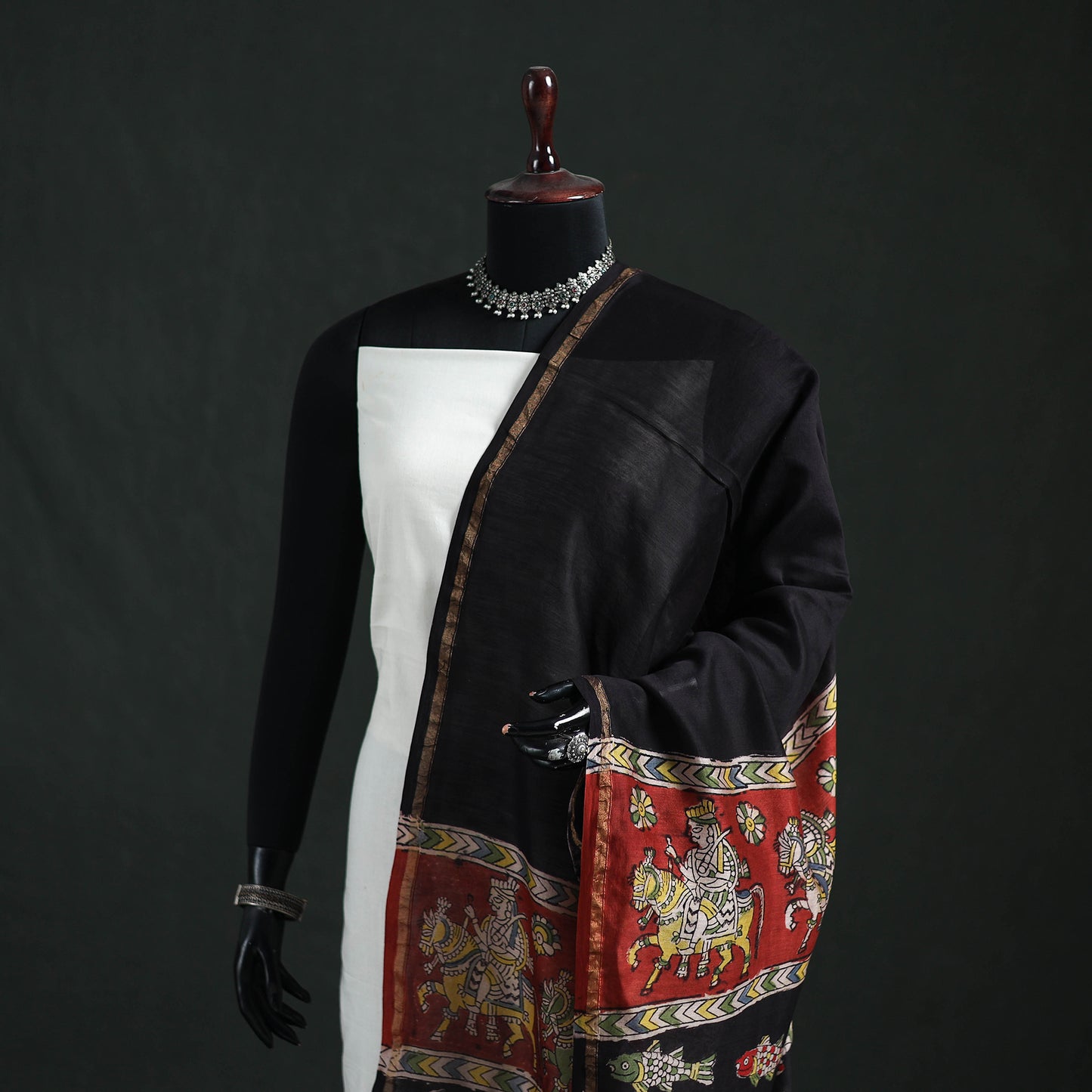 Black - Mata Ni Pachedi Handpainted Natural Dyed Chanderi Silk Handloom Dupatta 21