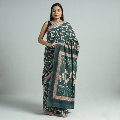 Green - Bindaas Art Block Printed Natural Dyed Cotton Saree 43