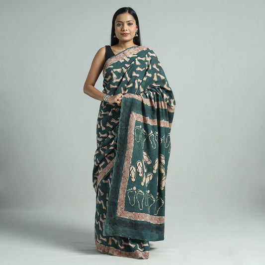 Green - Bindaas Art Block Printed Natural Dyed Cotton Saree 43