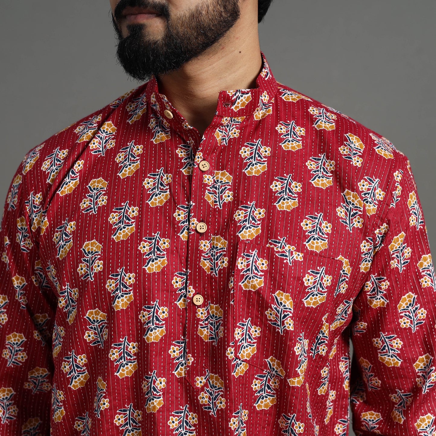 Kantha Stitch Cotton Short Sanganeri Kurta for Men 05