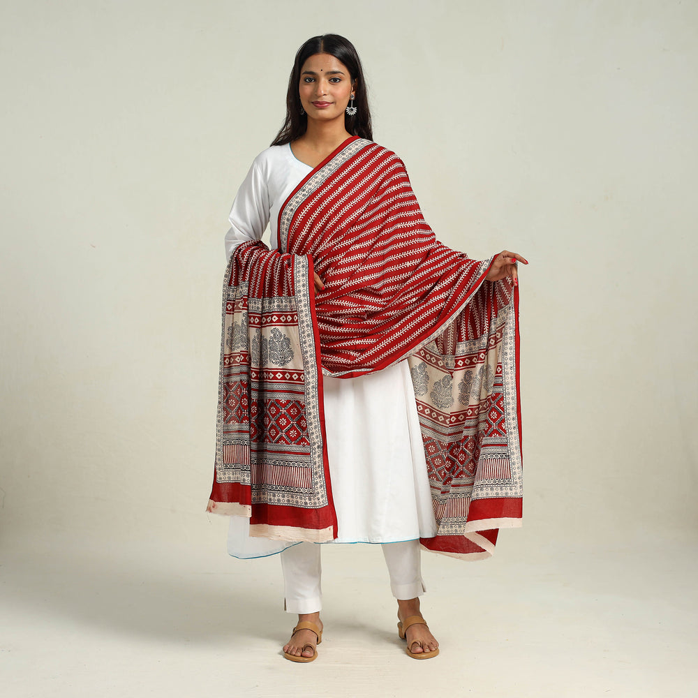 Red - Hand Block Print Cotton Bagh Dupatta 22