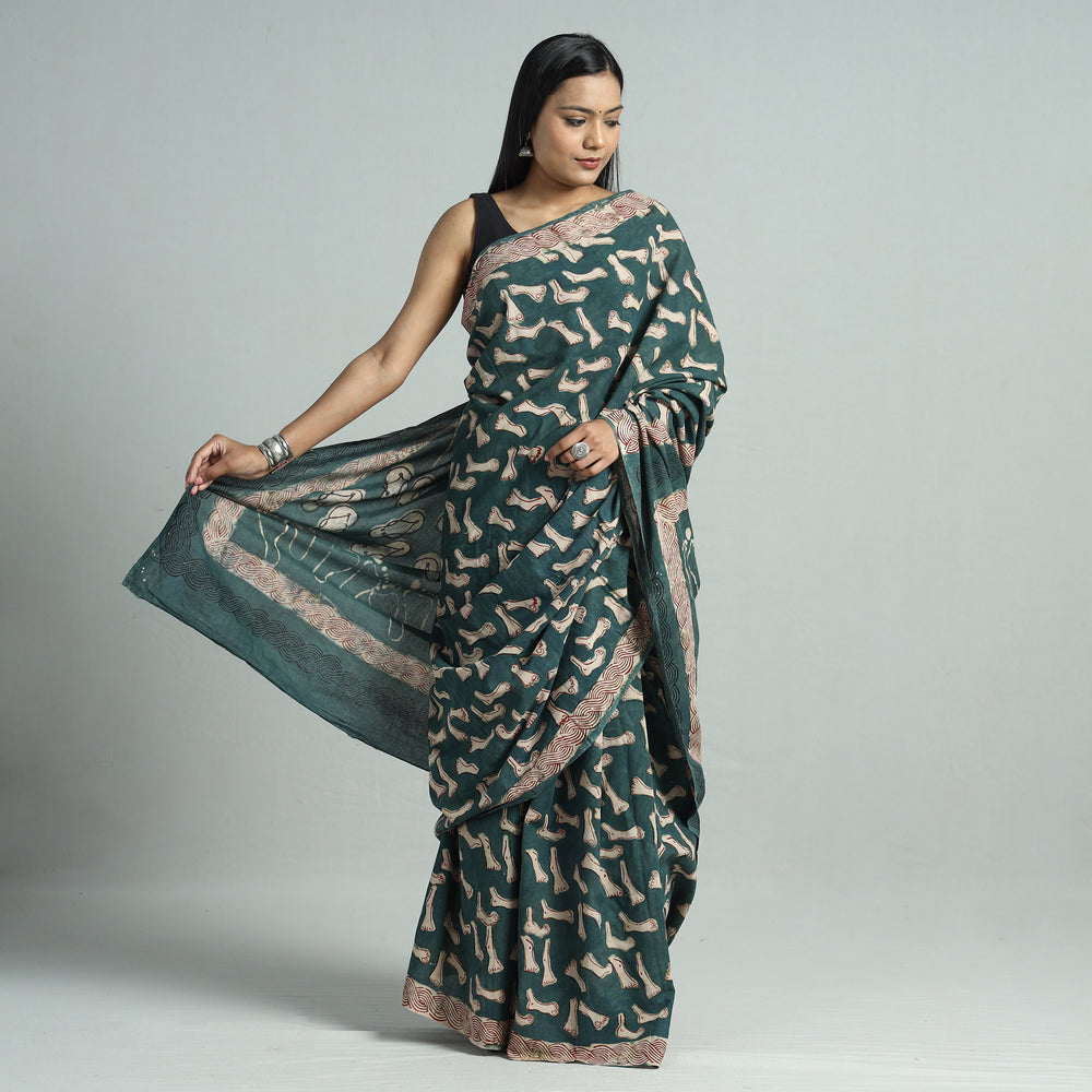 Green - Bindaas Art Block Printed Natural Dyed Cotton Saree 43