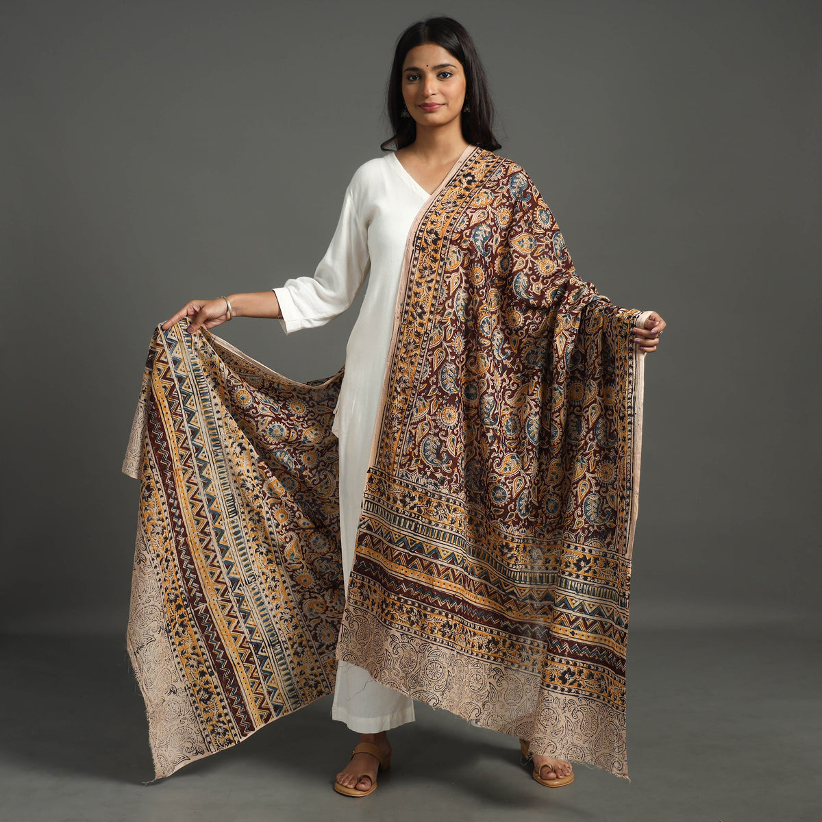 Brown - Kalamkari Block printed Cotton Dupatta 15