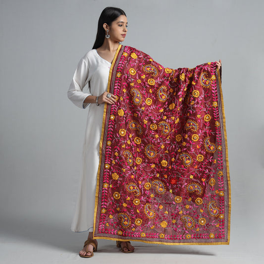 Maroon - Ranihati Chanderi Silk Chapa Work Phulkari Embroidered Dupatta 31