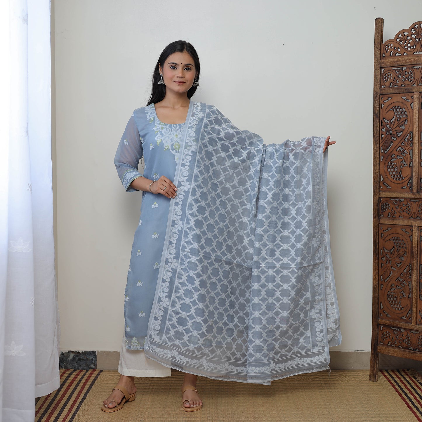 Bengal Jamdani Silk Cotton Kurta with Dupatta Set 02