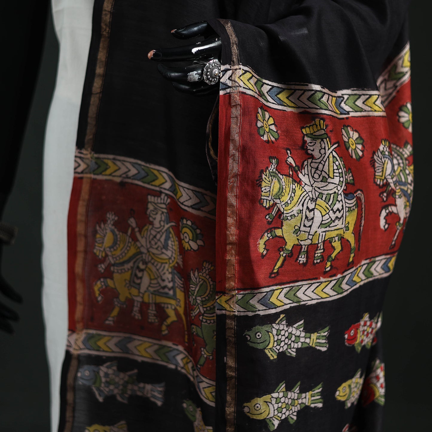 Black - Mata Ni Pachedi Handpainted Natural Dyed Chanderi Silk Handloom Dupatta 21