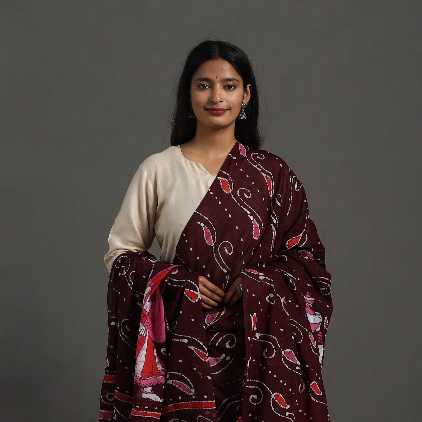 Maroon - cotton hand batik dupatta 47 - handcrafted
