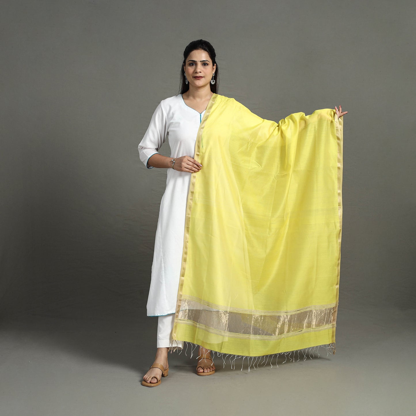 Yellow - Handloom Silk Cotton Zari Work Maheshwari Dupatta 02