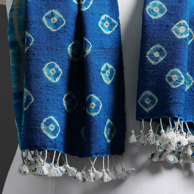 Blue - Kutch Handwoven Clamp Dyed Shibori Silk x Woolen Stole 36