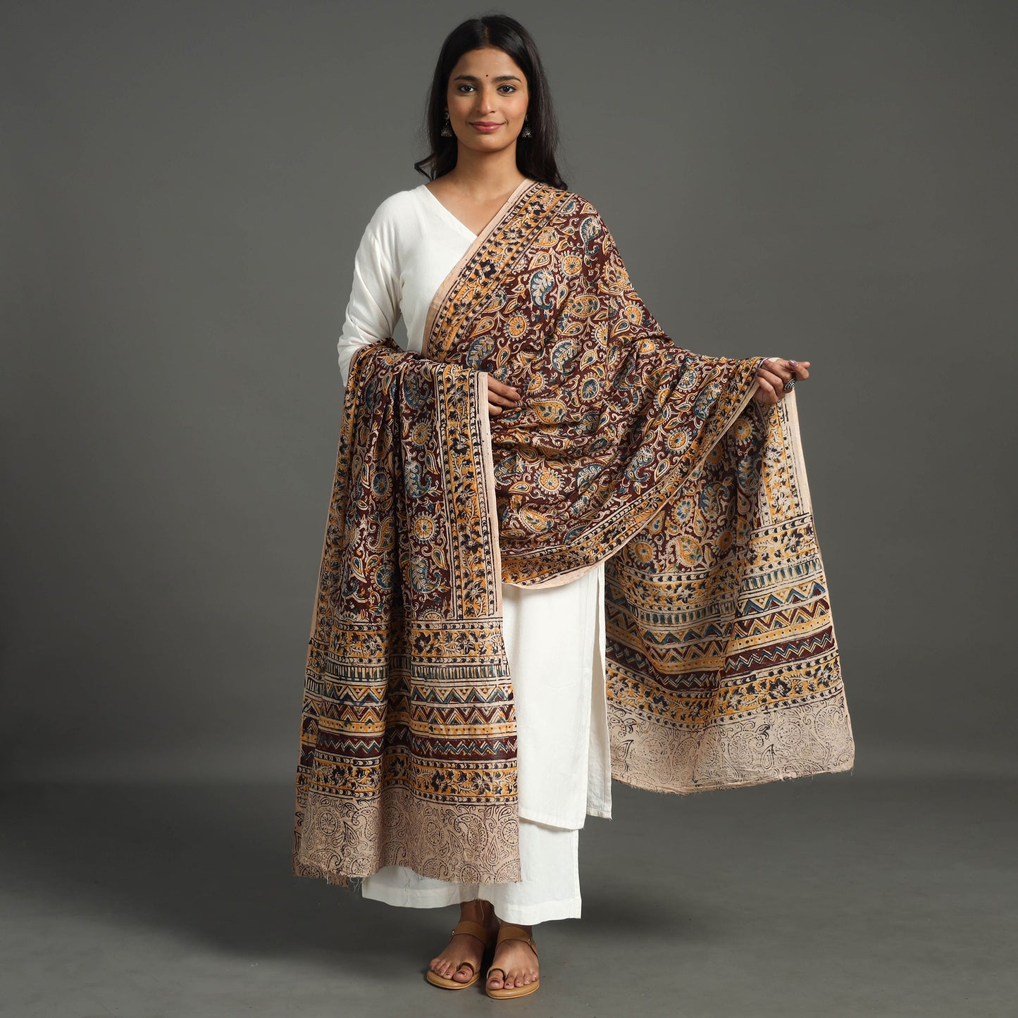 Brown - Kalamkari Block printed Cotton Dupatta 15