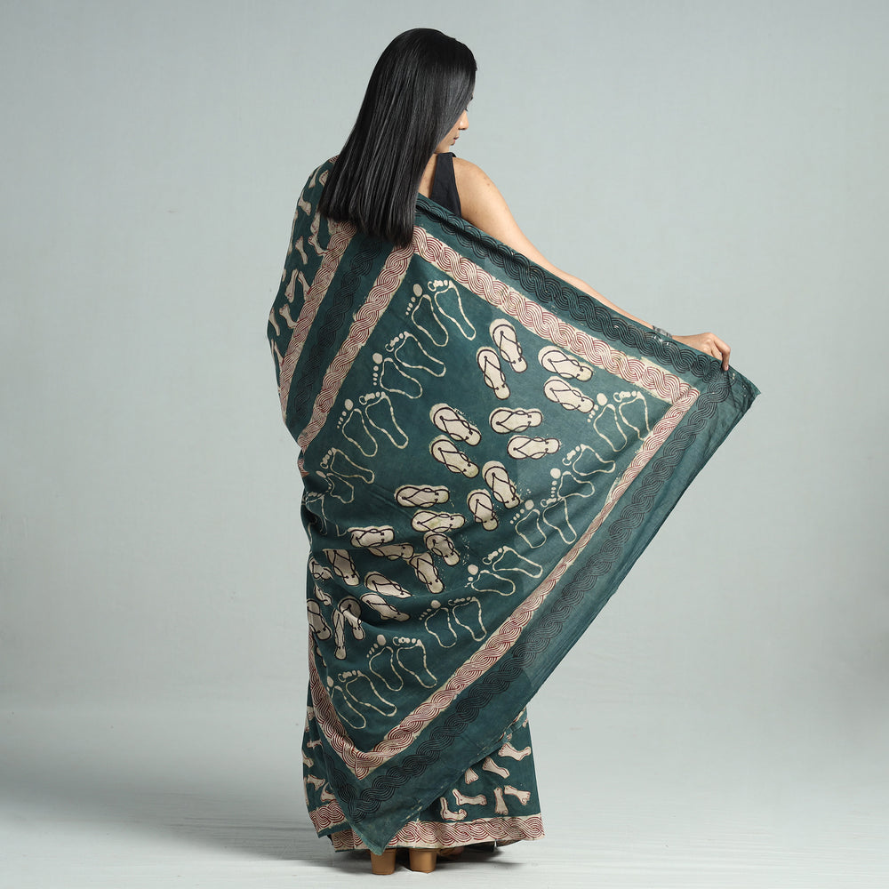 Green - Bindaas Art Block Printed Natural Dyed Cotton Saree 43