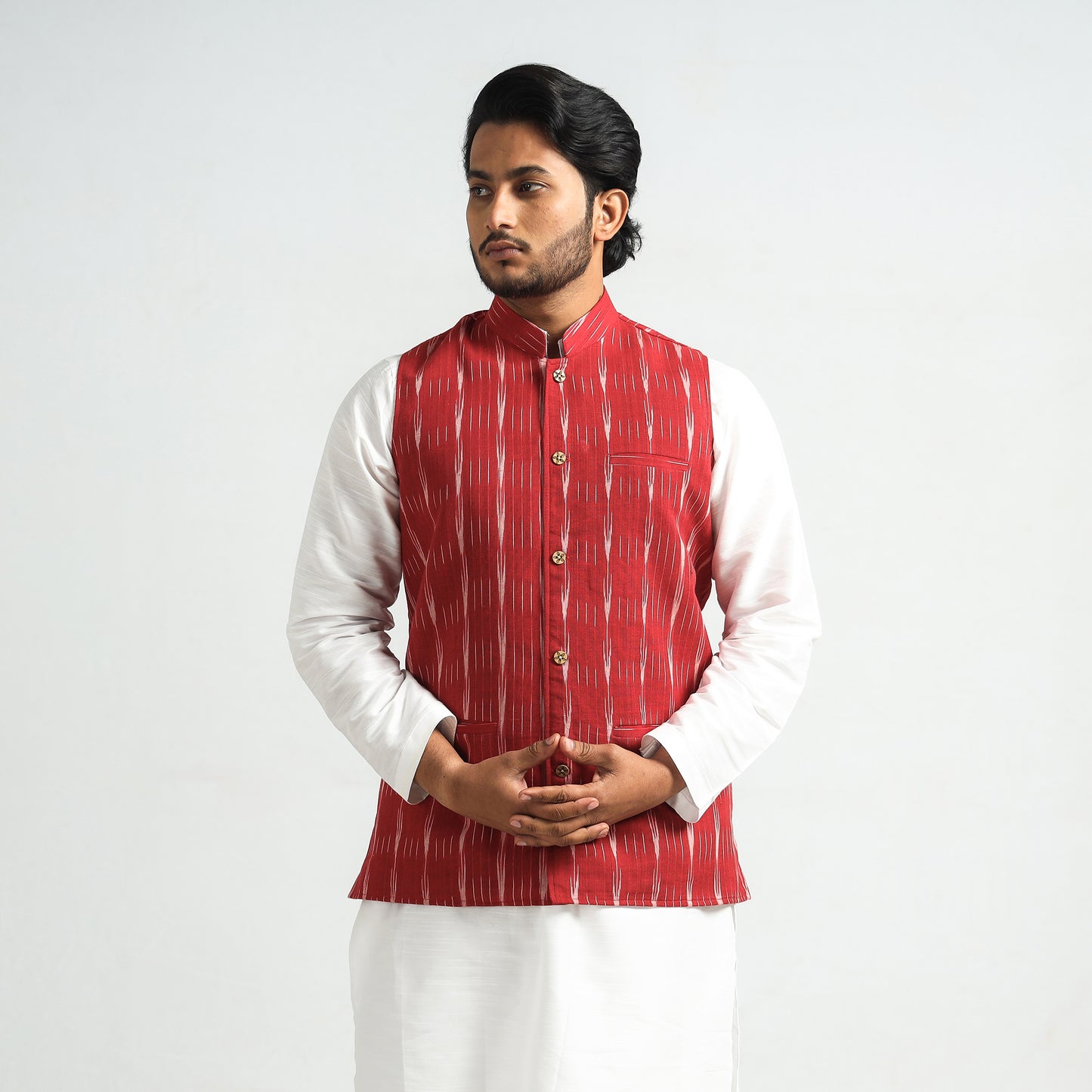 Red - Pochampally Ikat Cotton Men Nehru Jacket