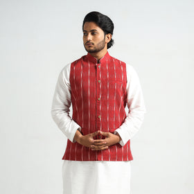 Red - Pochampally Ikat Cotton Men Nehru Jacket
