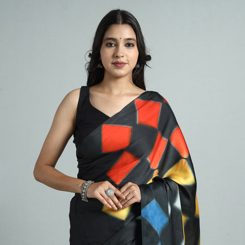 Black - Shibori Clamp Dyed Modal Silk Saree with Zari Border 07