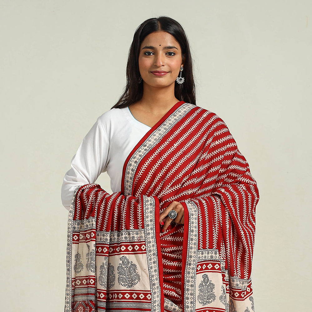 Red - Hand Block Print Cotton Bagh Dupatta 22