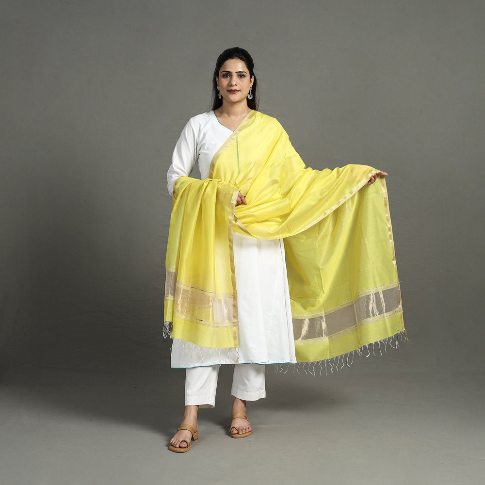 Yellow - Handloom Silk Cotton Zari Work Maheshwari Dupatta 02