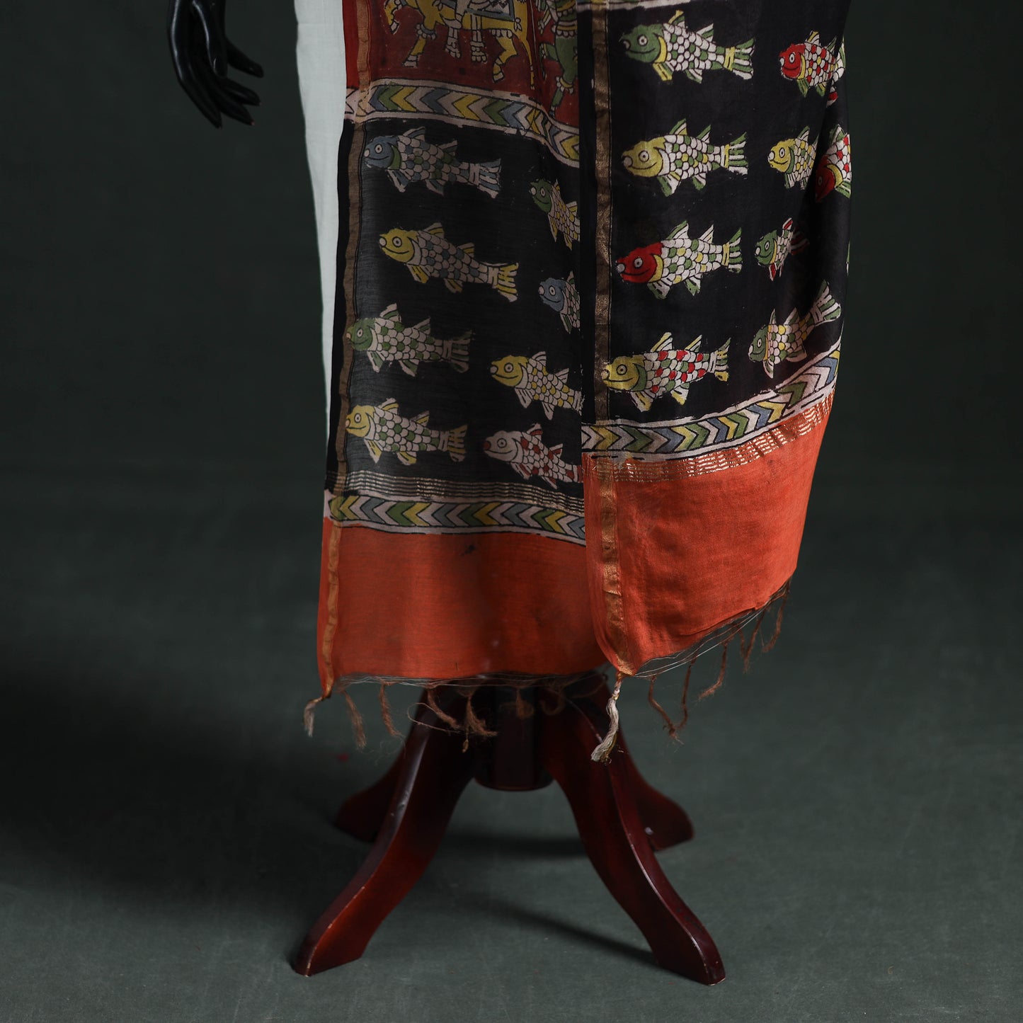 Black - Mata Ni Pachedi Handpainted Natural Dyed Chanderi Silk Handloom Dupatta 21