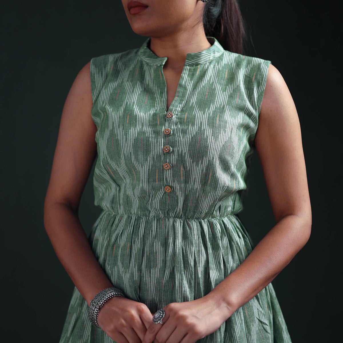 Pochampally Ikat Cotton Sleeveless Tiered Long Dress for Women 10